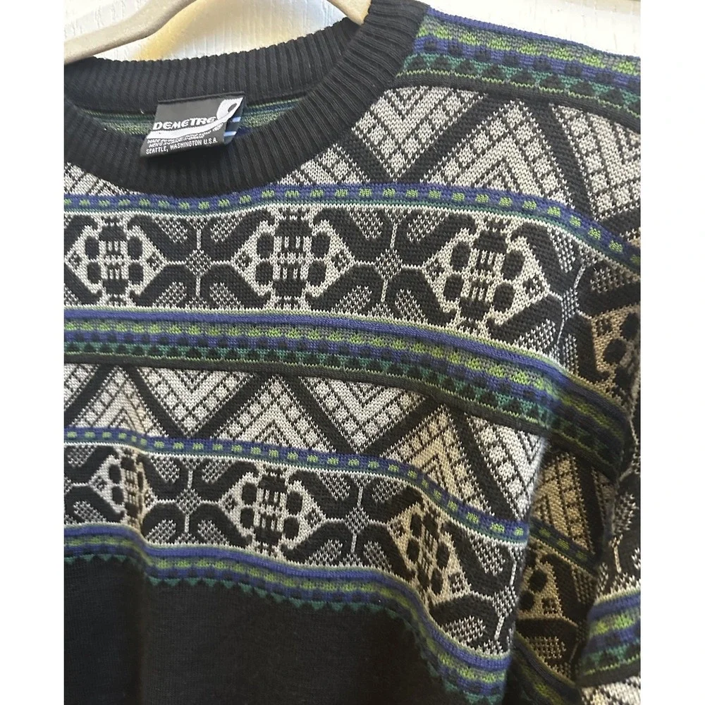 Demetre Vintage Mens Ski Sweater Wool Blend Fair Isle 90s Black Sz XL USA Made‎